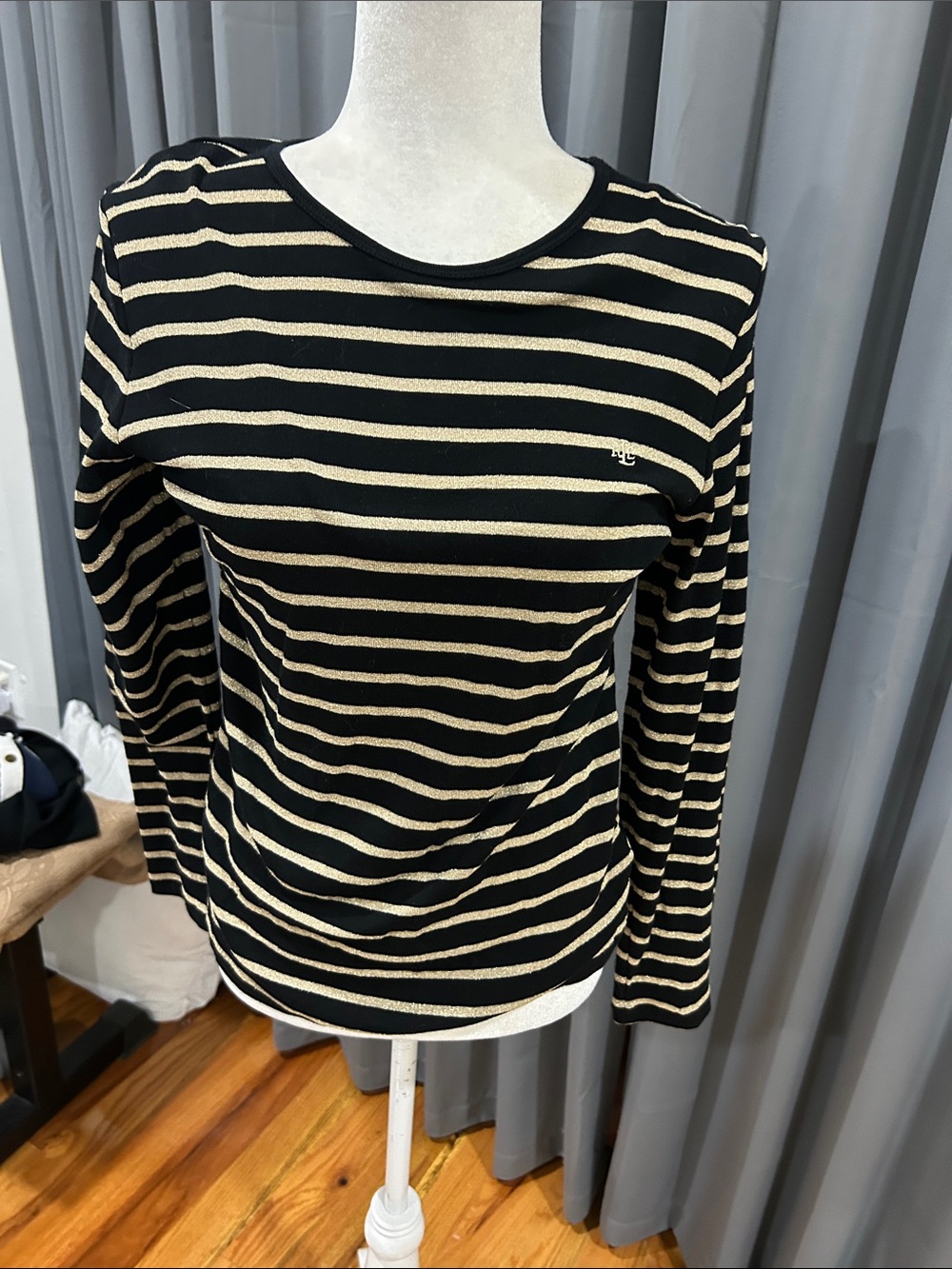 Lauren Ralph Lauren Black and Cream Striped Long-Sleeve Crewneck